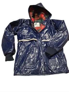 Misty Harbor Kids Raincoat Size 6 Any Weather Slicker Navy With Plaid, Vintage